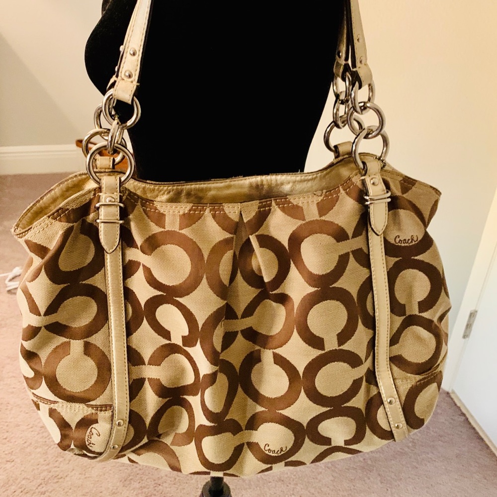 Coach Gold and Tan Signature Shoulder Bag with Gold Hardware